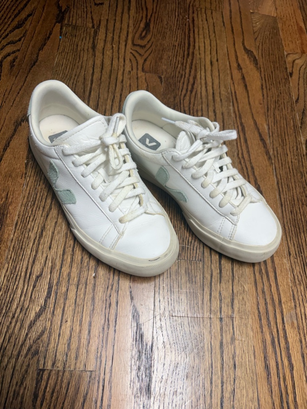 Veja White and Teal Leather Low-Top Sneakers - Picture 2 of 8